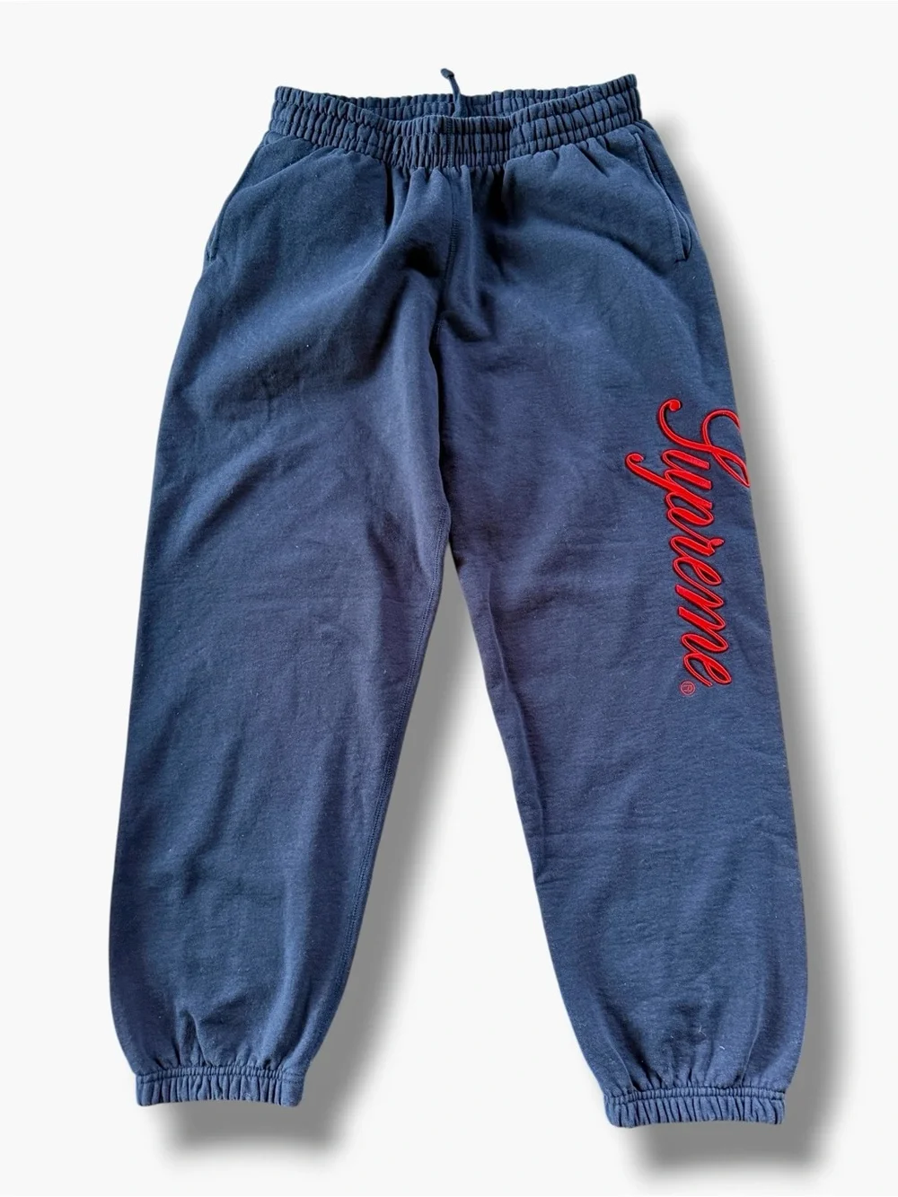 Supreme Raised Script Sweatpants Joggers Size Large Navy Blue Cotton
